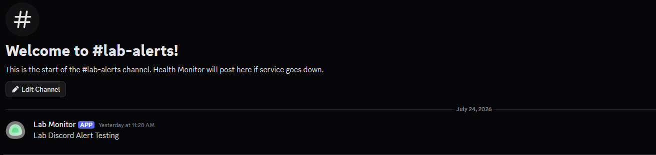 Discord lab alerts channel showing a successful Uptime Kuma test notification from the Lab Monitor application